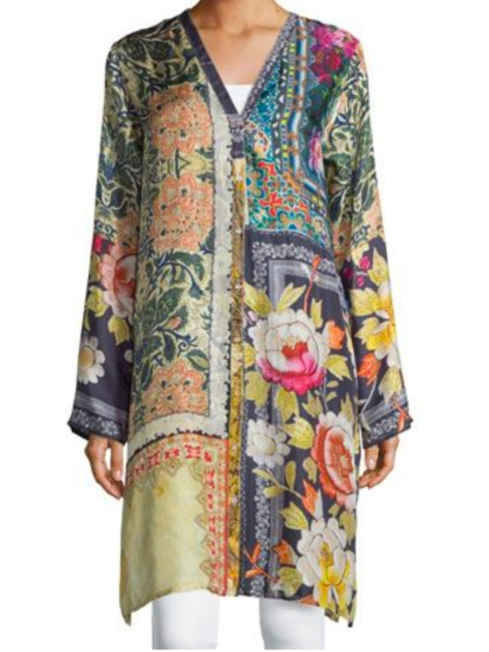 Johnny Was Shiro Silk Patchwork Button Front Tunic PXS